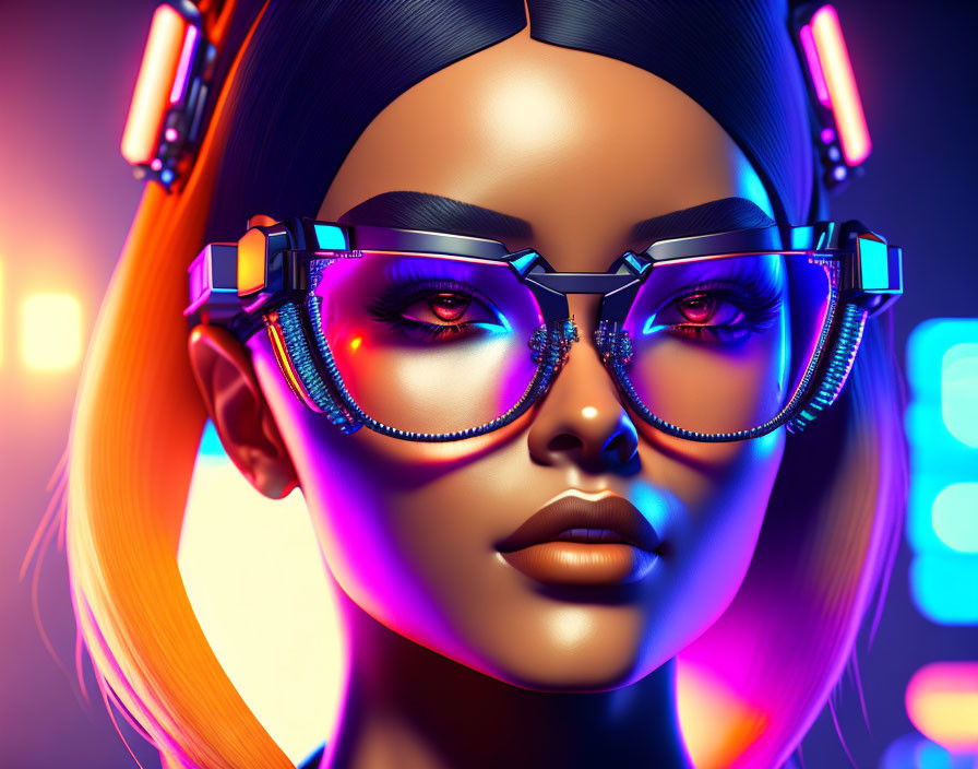 Futuristic female cyberpunk glasses neon-lit background