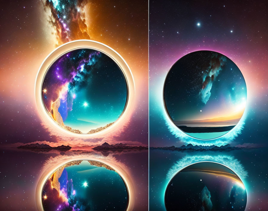 Surreal cosmic portals over serene water with vibrant celestial scenes