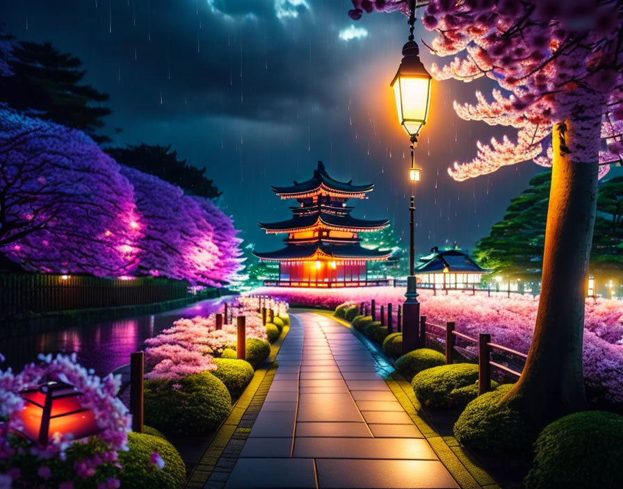 Tranquil cherry blossom pathway to illuminated pagoda at night