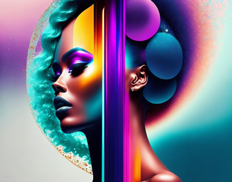 Vibrant digital artwork of woman's profile with colorful, abstract elements