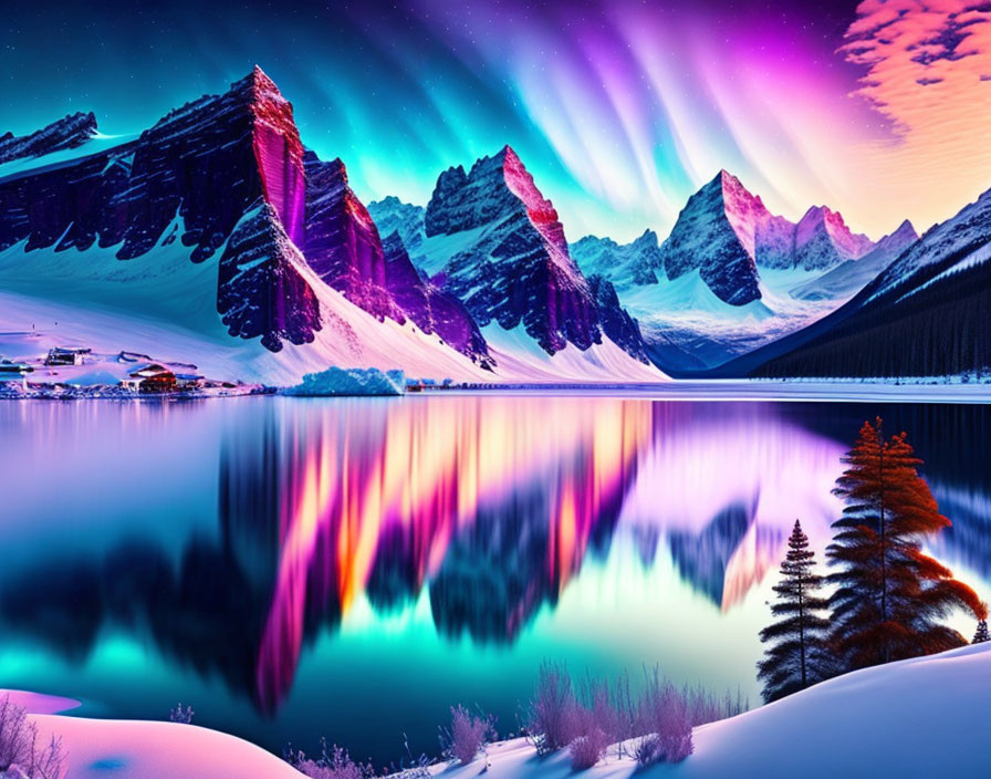 Majestic aurora borealis over snowy peaks and tranquil lake