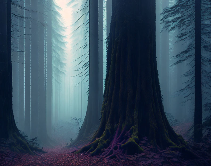 Mystical foggy forest with towering trees and purple foliage under ethereal light