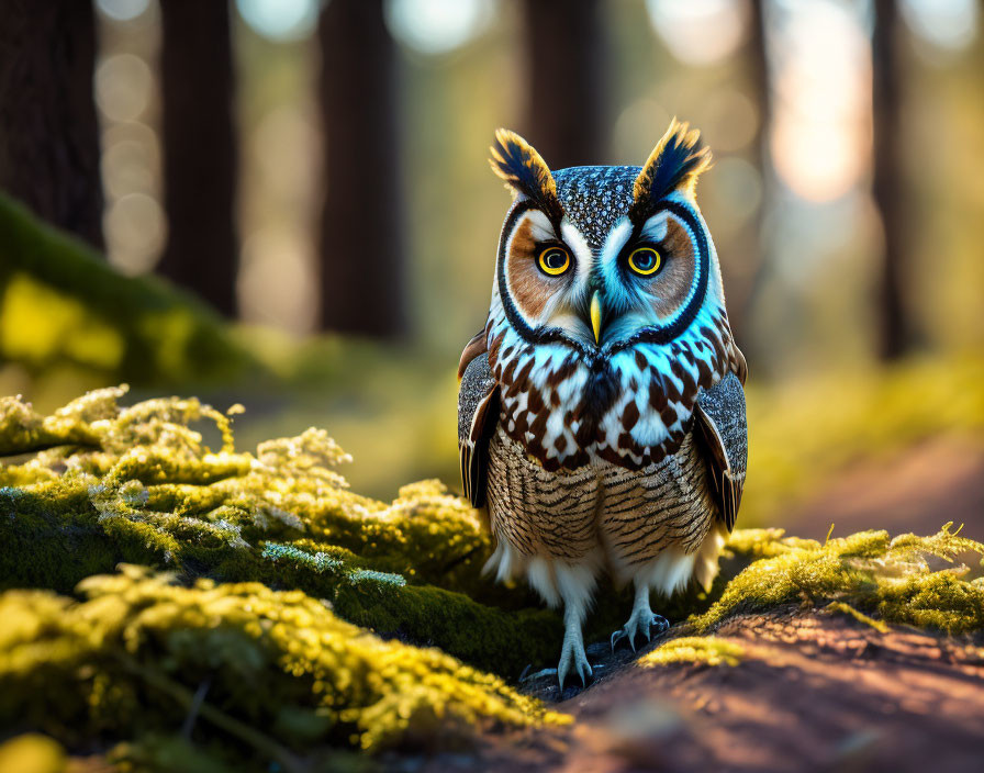 Majestic owl in forest with sunlight and moss