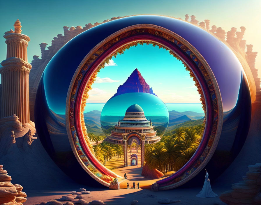 Surreal landscape with circular portal, mountain, reflective sphere, ancient structures, and tiny figures under