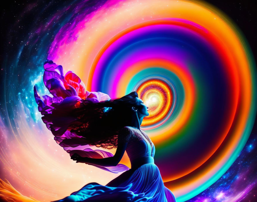 Woman dancing in blue dress against vibrant, swirling backdrop