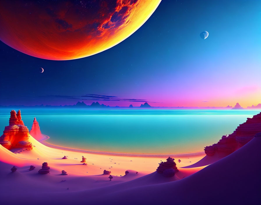 Colorful sci-fi landscape with red planet, ocean, desert, and rock formations at twilight