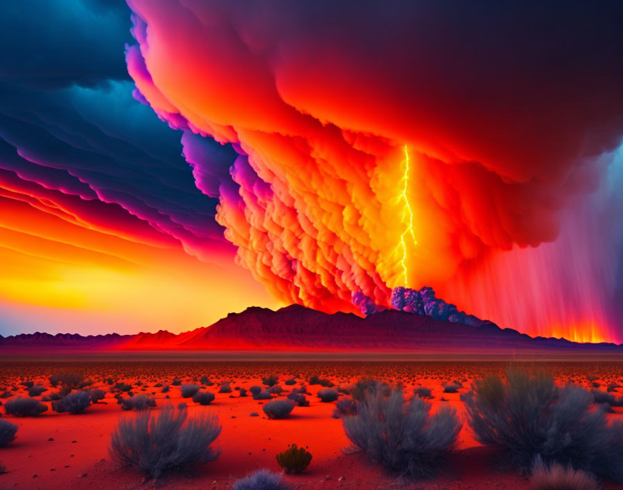 Colorful sky with lightning over dark desert landscape