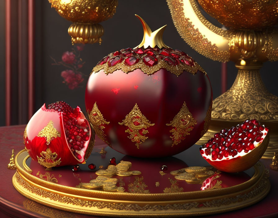 Luxurious stylized pomegranate with gold details and coins on decorative tray