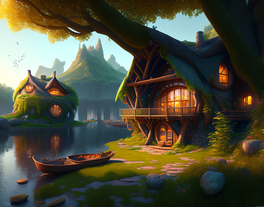 Fantasy landscape with whimsical treehouses, serene lake, lush greenery, canoe, and mystical