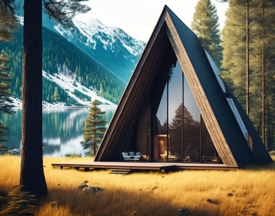 Modern A-Frame Cabin in Forest with Lake, Mountains, and Clear Sky