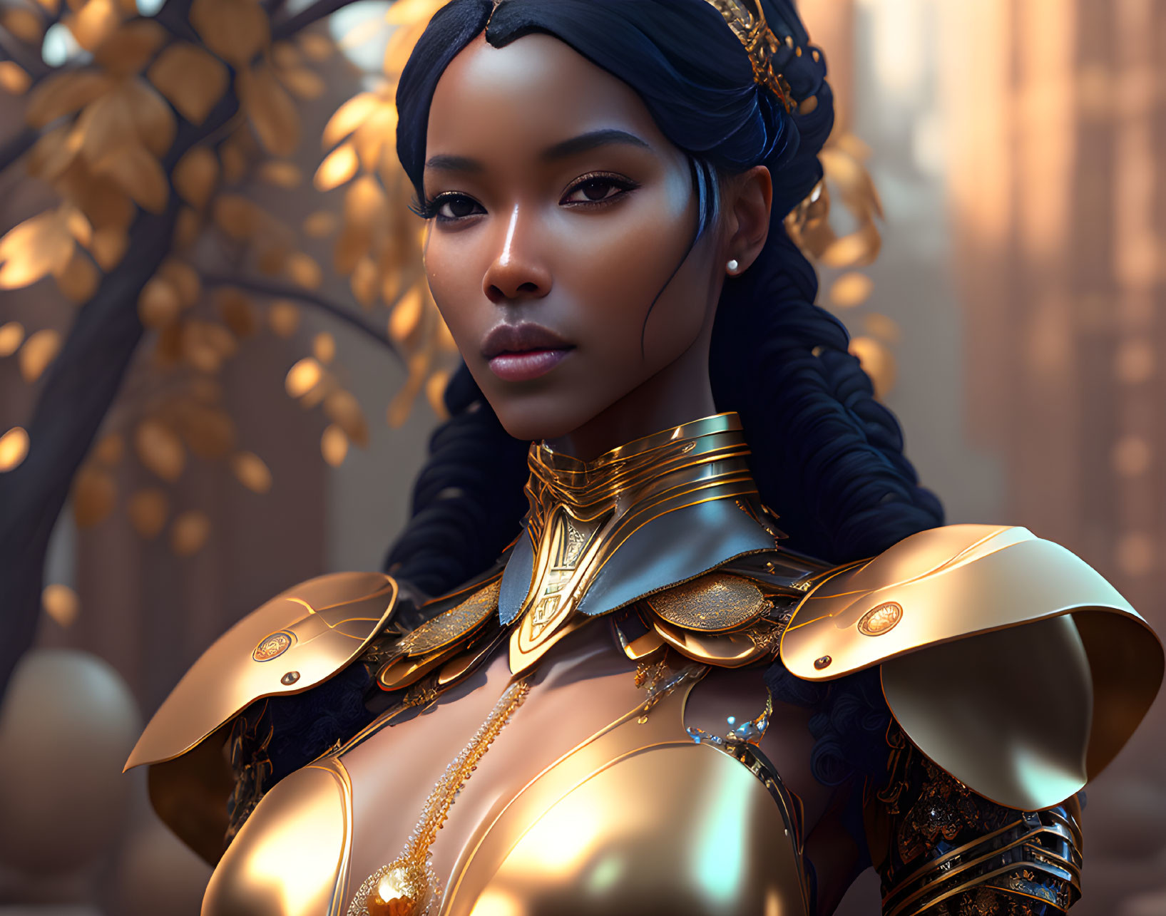 Digital artwork: Woman in golden armor with intricate designs on soft bokeh background