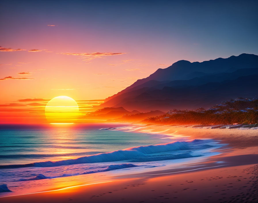 Vibrant orange sunset over beach with silhouetted mountains