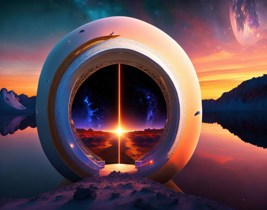 Surreal circular portal overlooking serene lake at sunset horizon