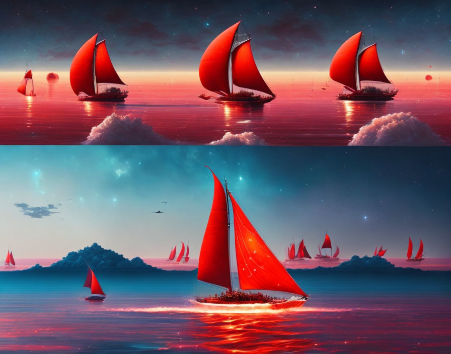 Surreal seascape with boats and red sails under blue sky