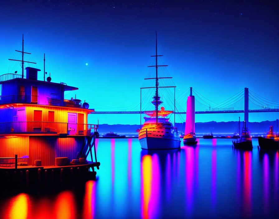 Vibrant twilight harbor with boats, pier, bridge, and starlit sky