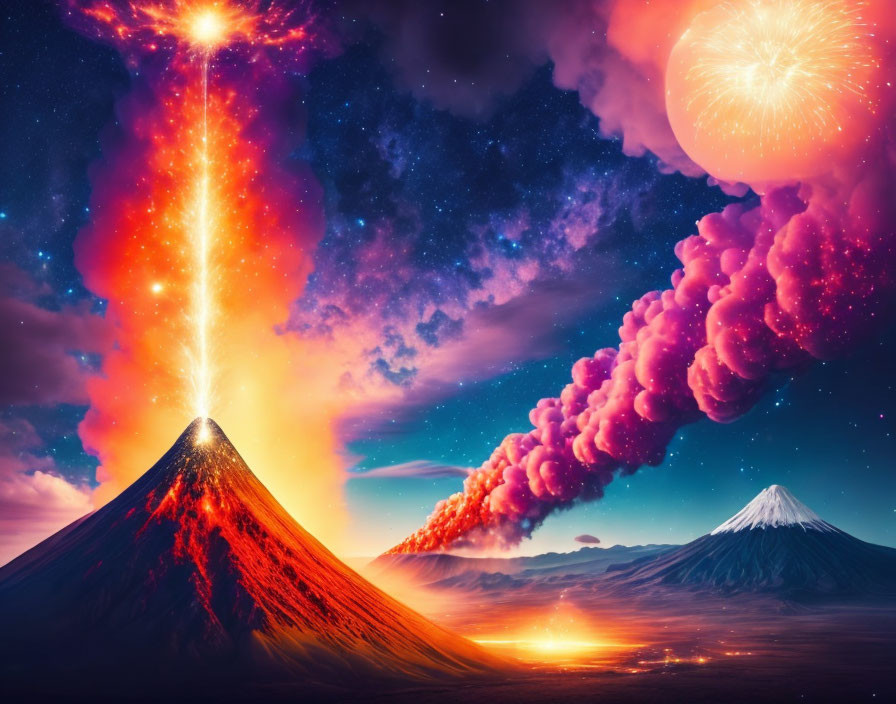 Surreal artwork: Volcanoes, cosmic sky, nebulae, beam of light,