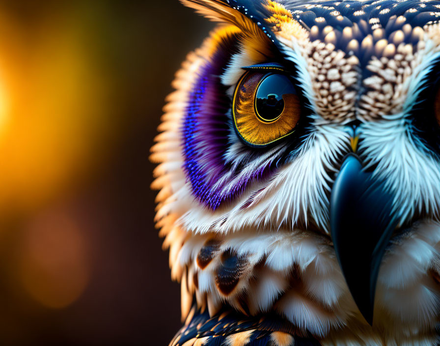 Detailed close-up of owl's vibrant plumage and striking yellow eye on warm, blurred background