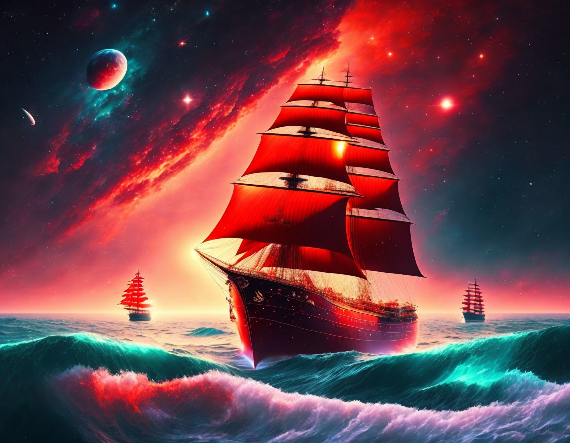 Colorful painting of red-sailed ships on glowing blue waves under cosmic sky