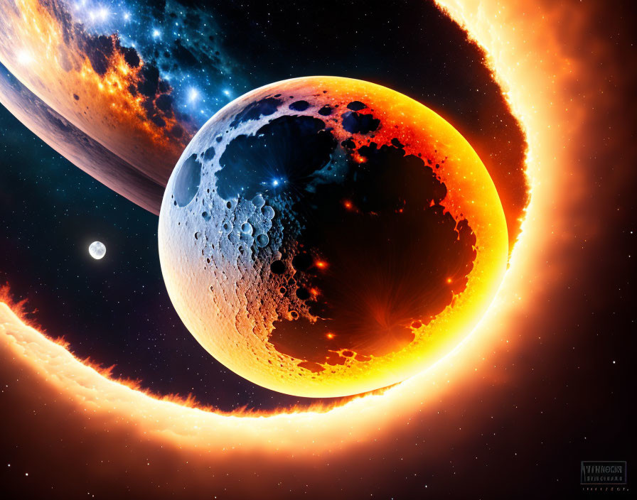 Fiery planet, cratered moon, distant world in vibrant space scene