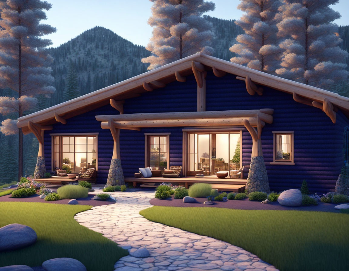 Rustic log cabin with warm lighting in forest setting