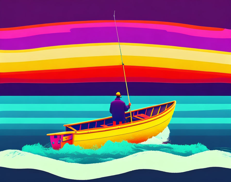 Colorful Artwork of Person Fishing Alone on Yellow Boat