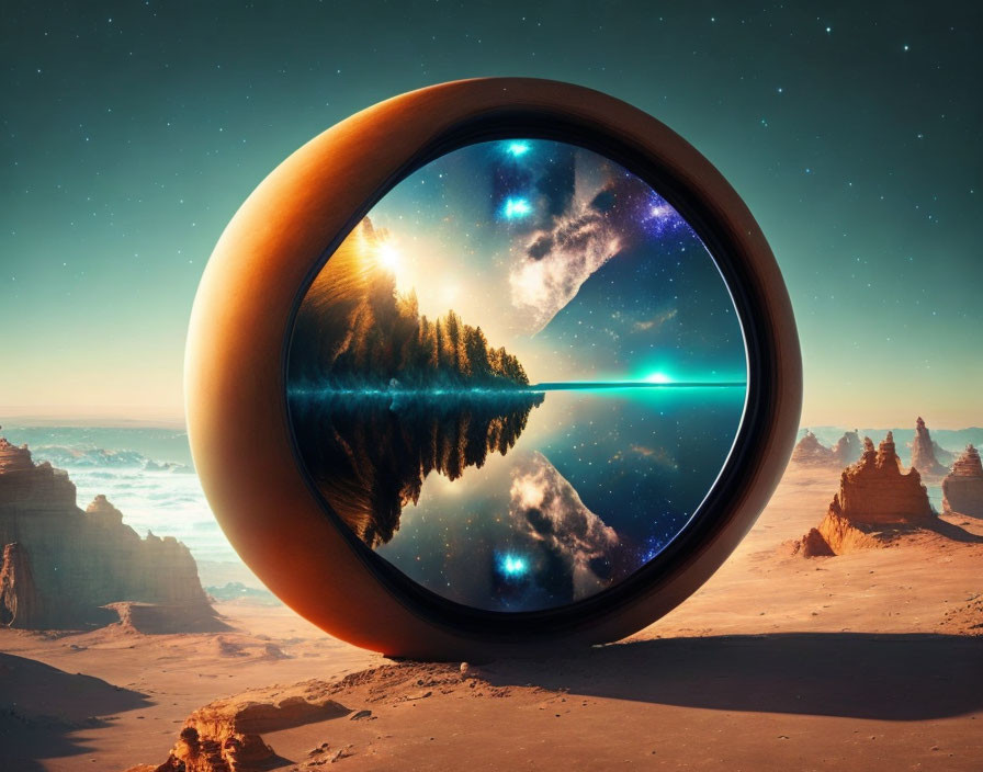 Surreal Landscape: Circular Portal Reveals Contrasting Forest and Starry Sky Over Water in Desert