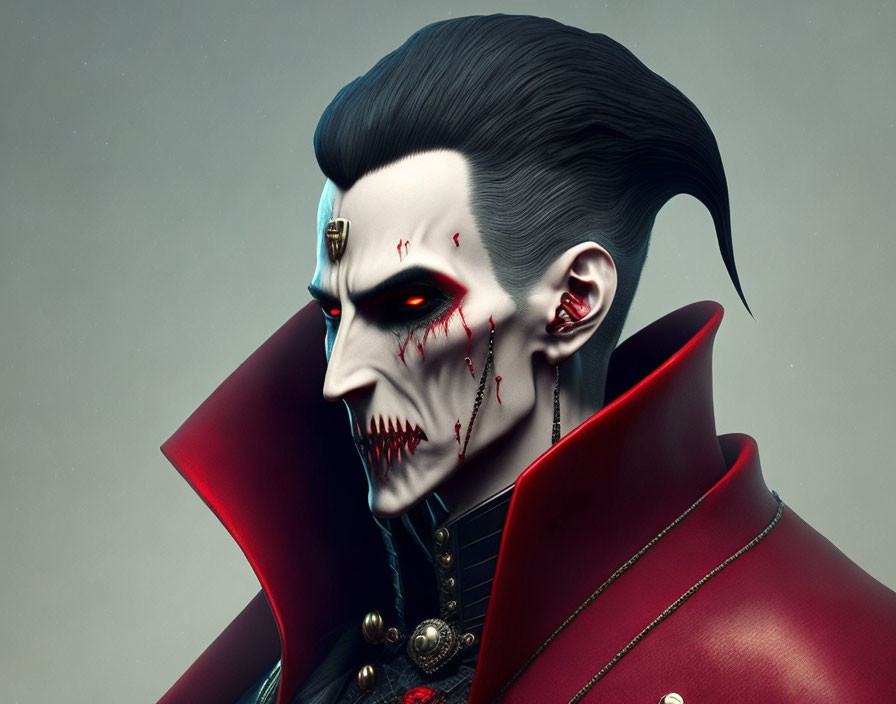 Stylized 3D illustration of vampire with slicked-back hair, fangs, pale skin