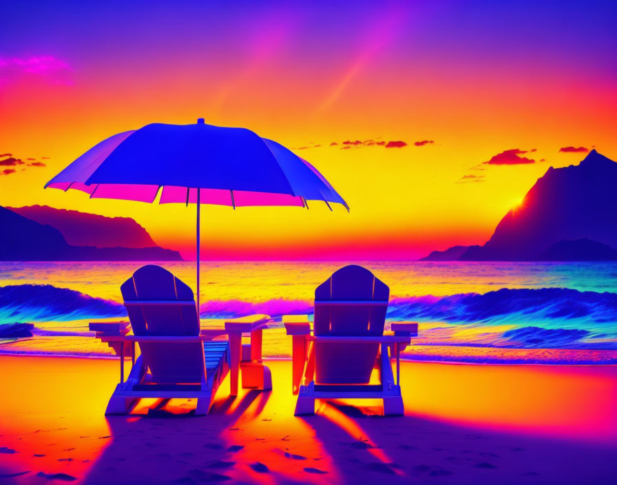 Beach chairs, umbrella, vibrant sunset, ocean, mountains - Sandy shore scene