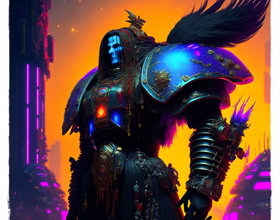 Ornate armor futuristic warrior in neon-lit cityscape