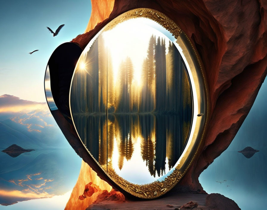 Circular ornate mirror reflects forest and lake in surreal image.