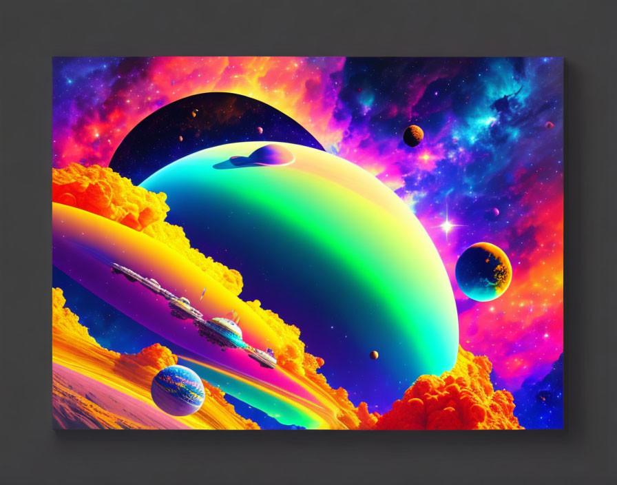 Colorful Space Scene with Planets and Nebulae in Orange and Purple