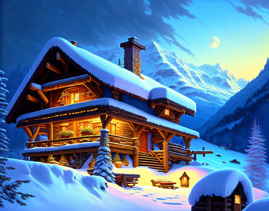 Snowy landscape with cozy illuminated log cabin under full moon