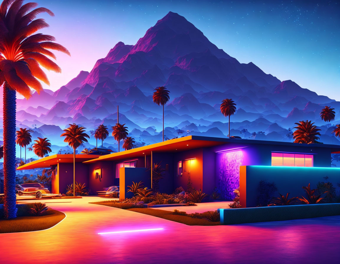 Colorful retro-futuristic landscape with neon-lit modern house, palm trees, purple mountains,