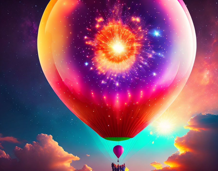 Colorful cosmic hot air balloon in dreamy sky with clouds and stars