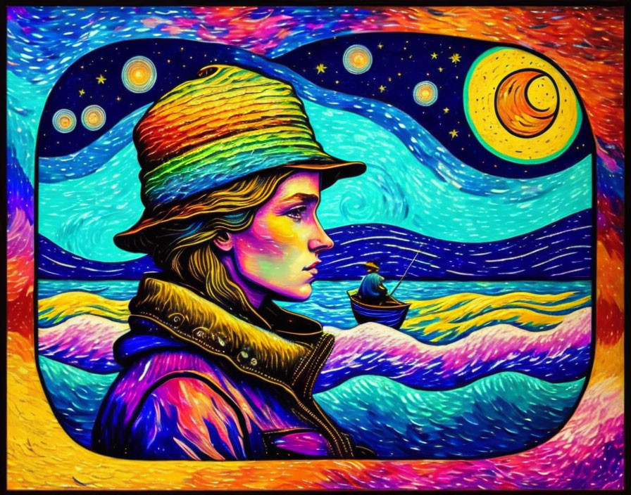 Colorful artwork blending "Starry Night" with woman's profile in swirling design