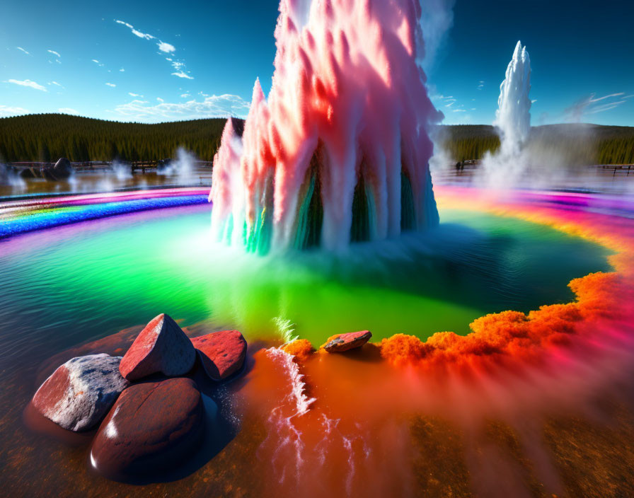 Digitally Altered Geyser Eruption with Rainbow Colors in Serene Landscape