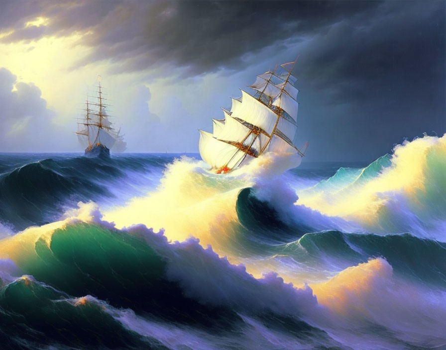 Majestic sailing ships on turbulent seas under dramatic sky