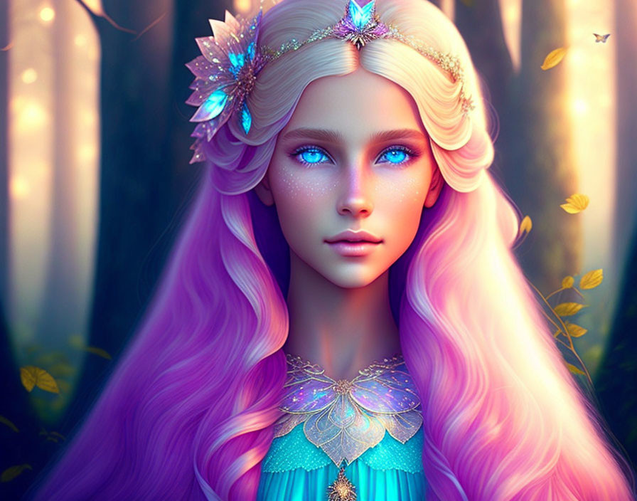 Fantasy female character with purple hair in blue attire in mystical forest