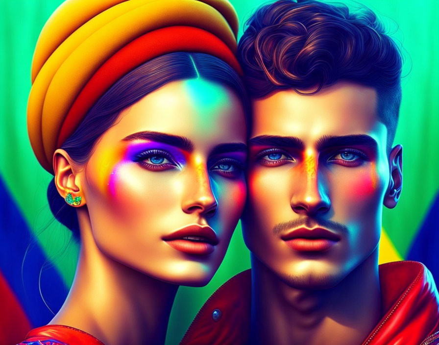 Intense, colorful digital portrait of a woman and man with striking eyes and stylish attire