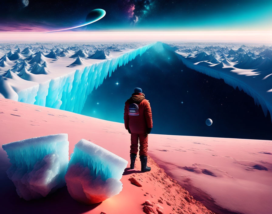 Astronaut on alien icy landscape with mountains and starry sky