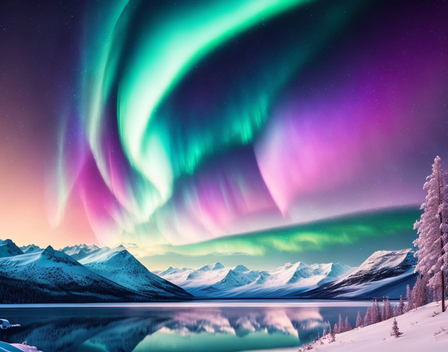 Stunning Aurora Borealis Over Snow-Covered Mountains