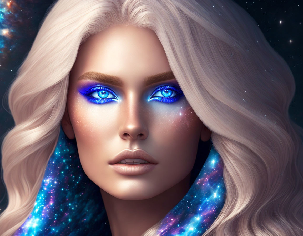 Portrait of woman with blue eyes and blonde hair in cosmic setting