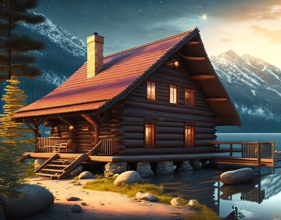 Rustic log cabin with red roof by serene lake at twilight