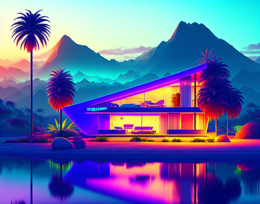 Futuristic house with neon lighting by lake at sunset