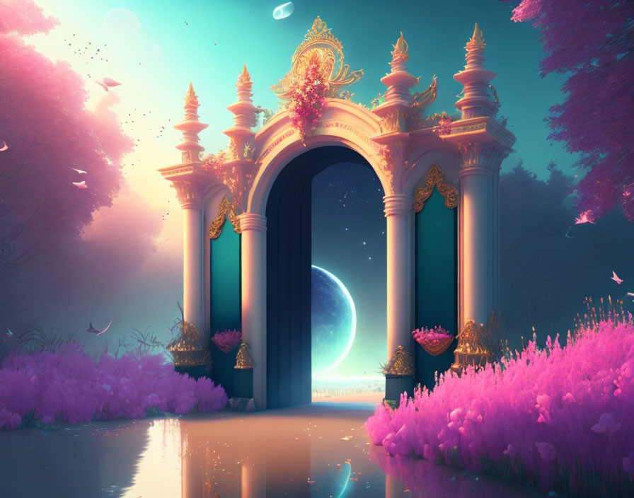 Golden archway framing crescent moon in dreamy landscape with purple foliage