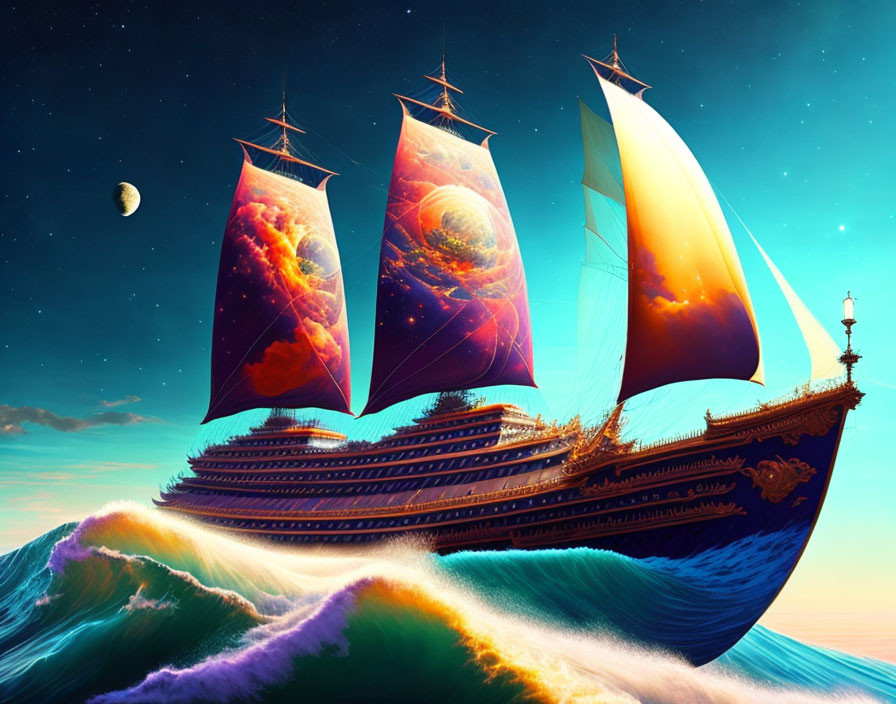 Colorful digital artwork: Ship with cosmic sails on high seas under starry sky.