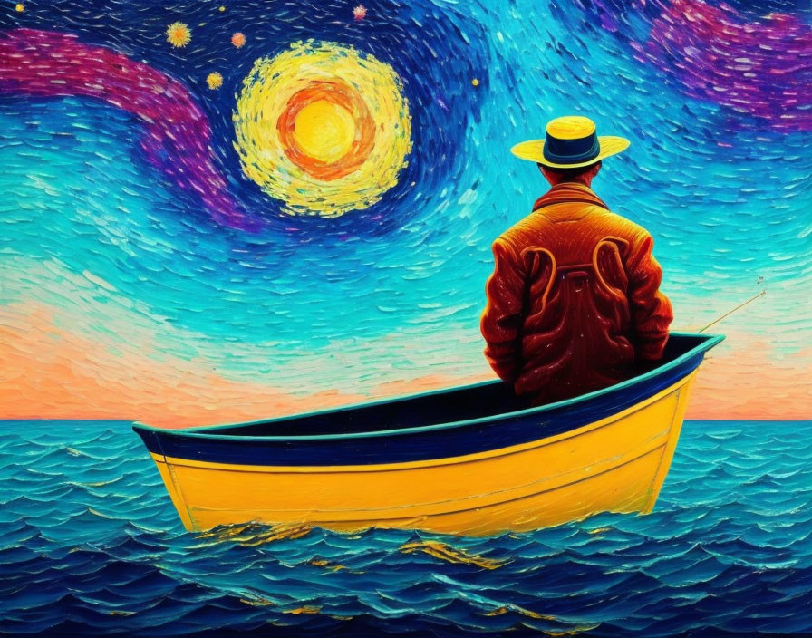 Person fishing in brown jacket and hat on yellow boat in wavy sea under vibrant starry sky.