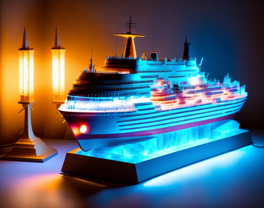 Scale model of illuminated cruise ship with blue and orange backlighting, tower models in background