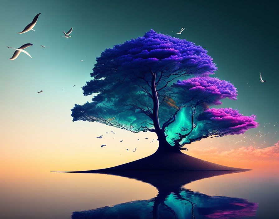 Colorful tree with purple leaves on islet, reflecting in water, under gradient sky with birds