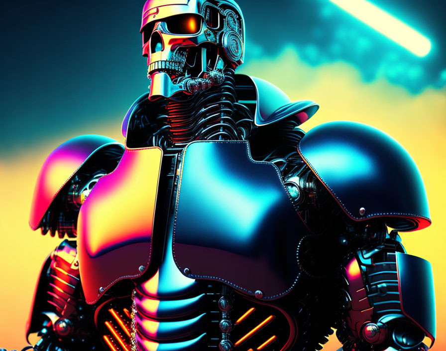 Colorful artistic depiction of a humanoid skull robot with neon accents in blue hue